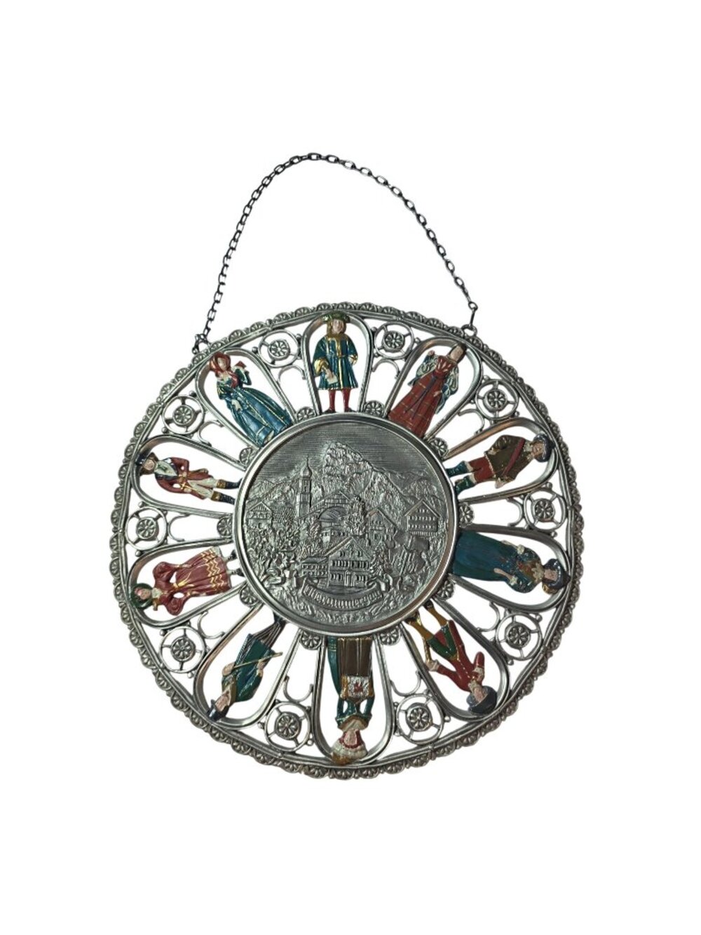 Bavarian Relief Medallion Oberammergau Scene Painted Figures Wall Hanging